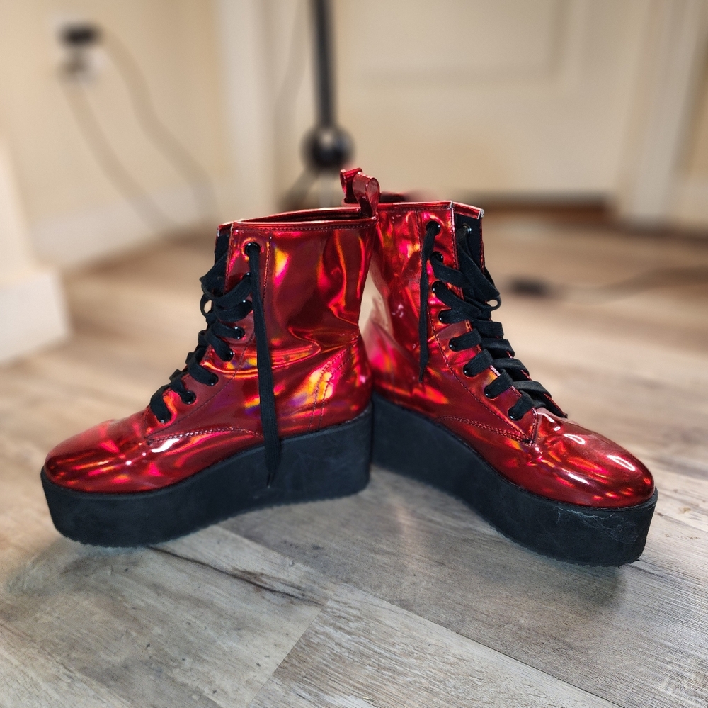 Red Patent Leather Lace-Up Boots